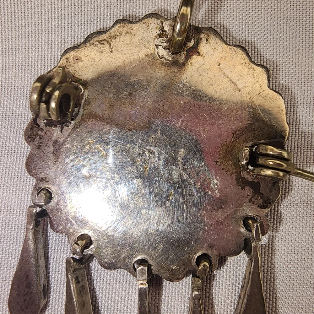 VINTAGE MEXICAN STERLING SILVER TURQUOISE INLAID MOSAIC PIN BROOCH/ PENDANT